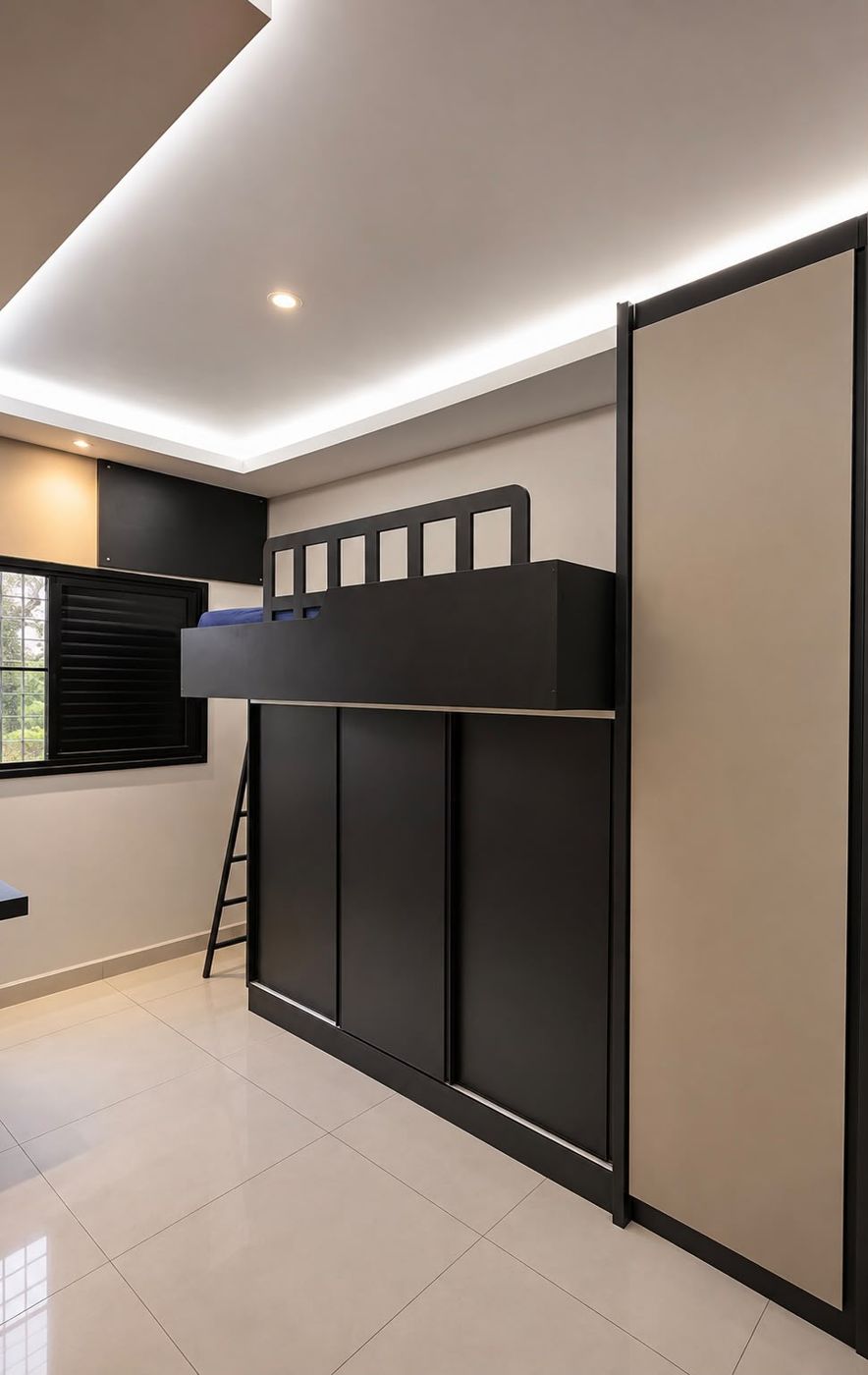 Cama suspensa com guarda-roupa embaixo